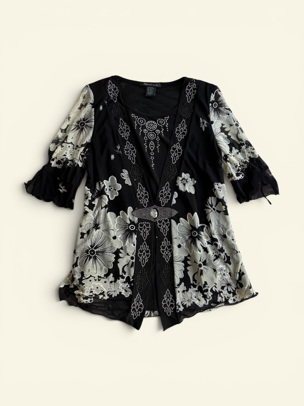 Appointments Vintage Y2K Floral Rhinestone Mesh Layered Tunic Top Black Size L